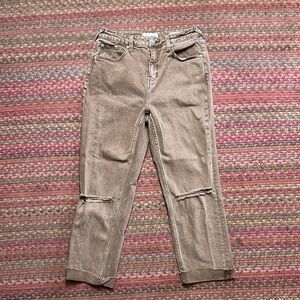 CLEO + WOLF BROWN RIPPED KNEE DENIM STRETCH JEANS HIGH RISE STRAIGHT